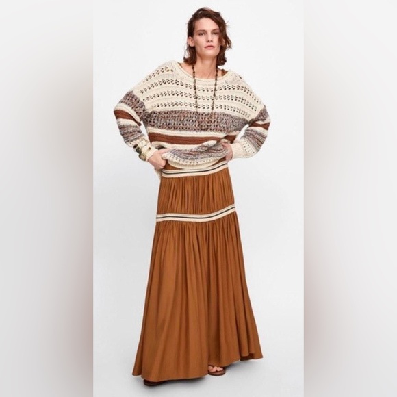 Zara Oversized Crochet Open Knit Pullover Striped Sweater Size XS S Boho Beach - Picture 1 of 16